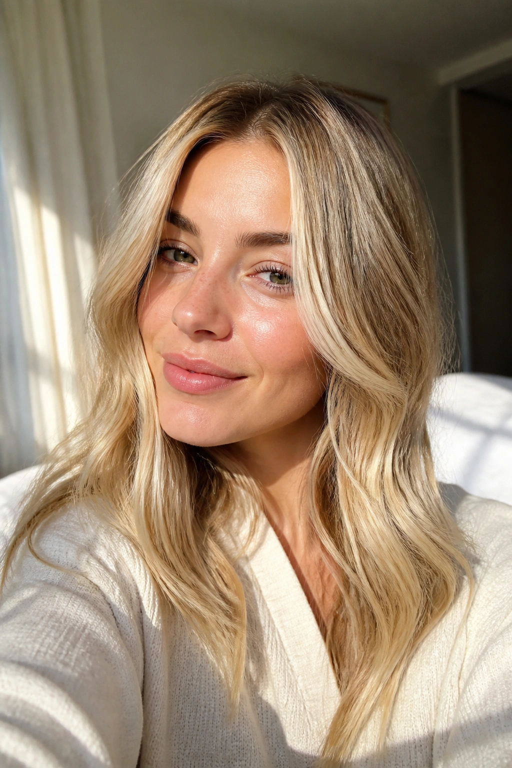 Close-up portrait of a woman with creamy butter-blonde hair in warm spring light