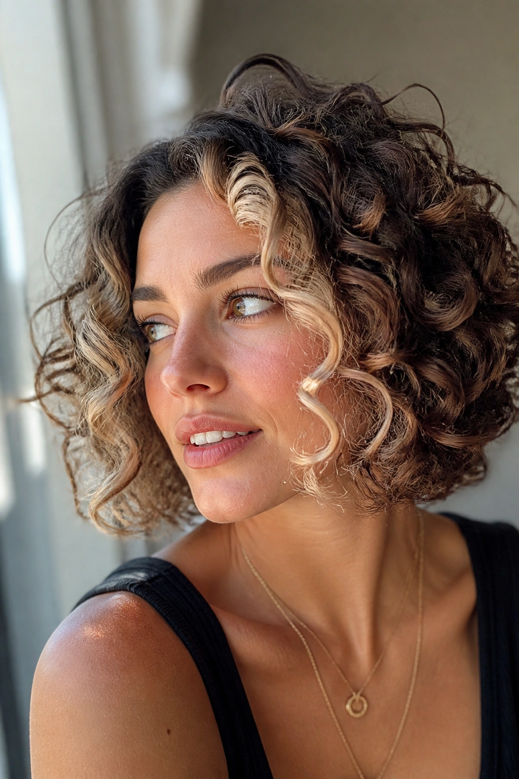 Close-up of a real woman with a curly bob and butter blonde crescent framing the face.