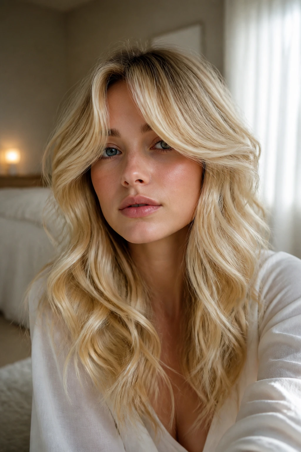 Close-up of a real woman with butter blonde hair and curtain bangs.