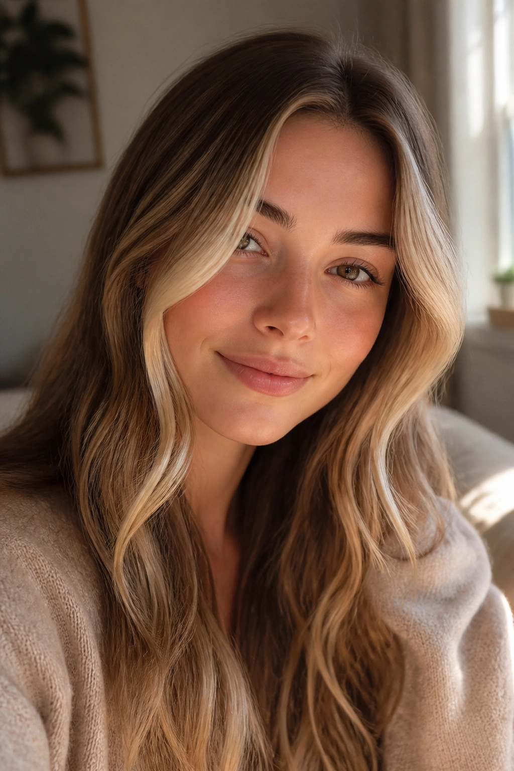 Portrait of a woman with butter blonde face-framing pieces