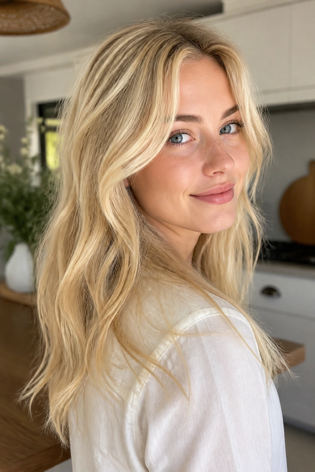 Close-up portrait of a real woman with butter blonde hair in warm creamy tones.