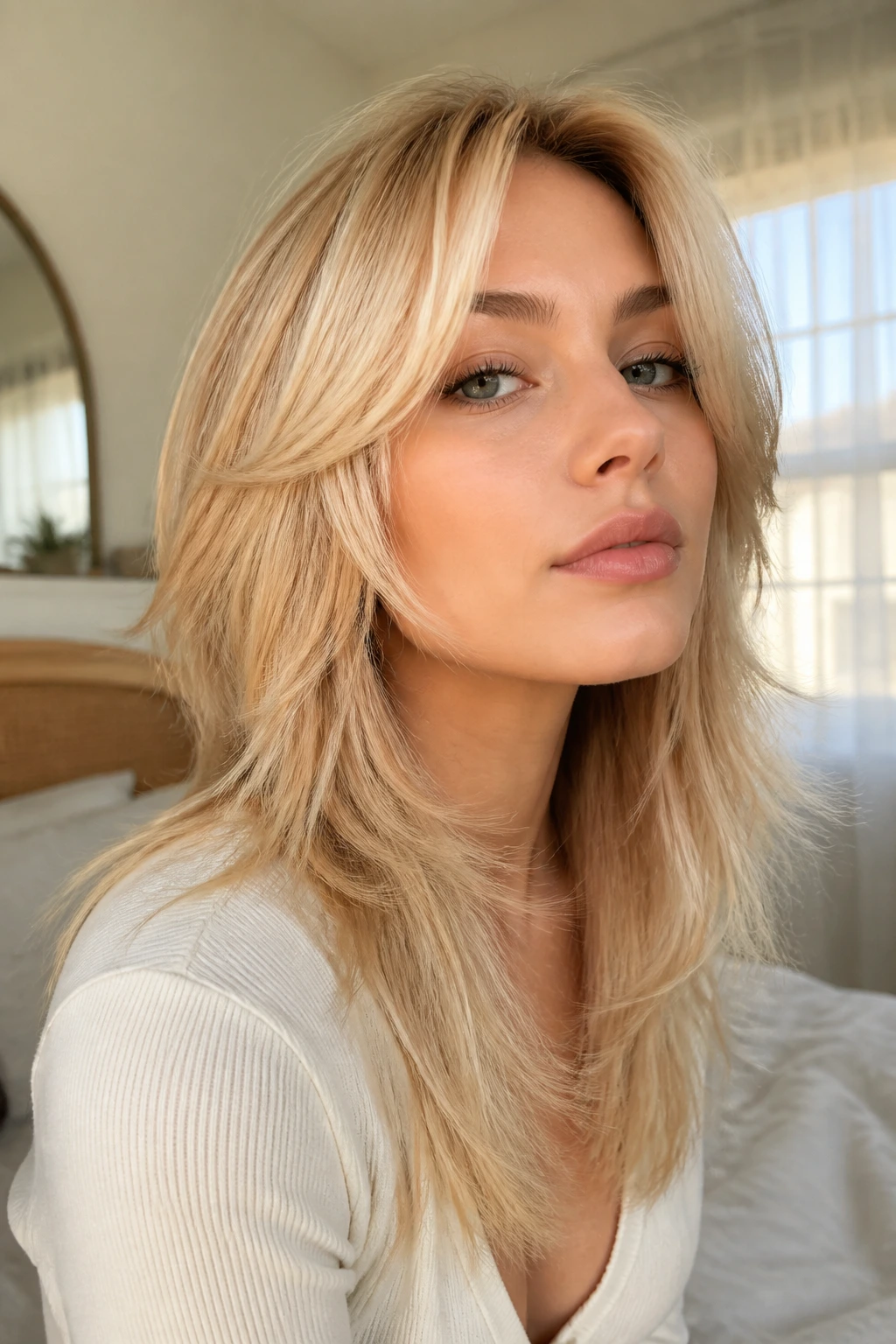 Close-up portrait of a real woman with a creamy butter blonde wolf cut and face-framing flip, warm window daylight.
