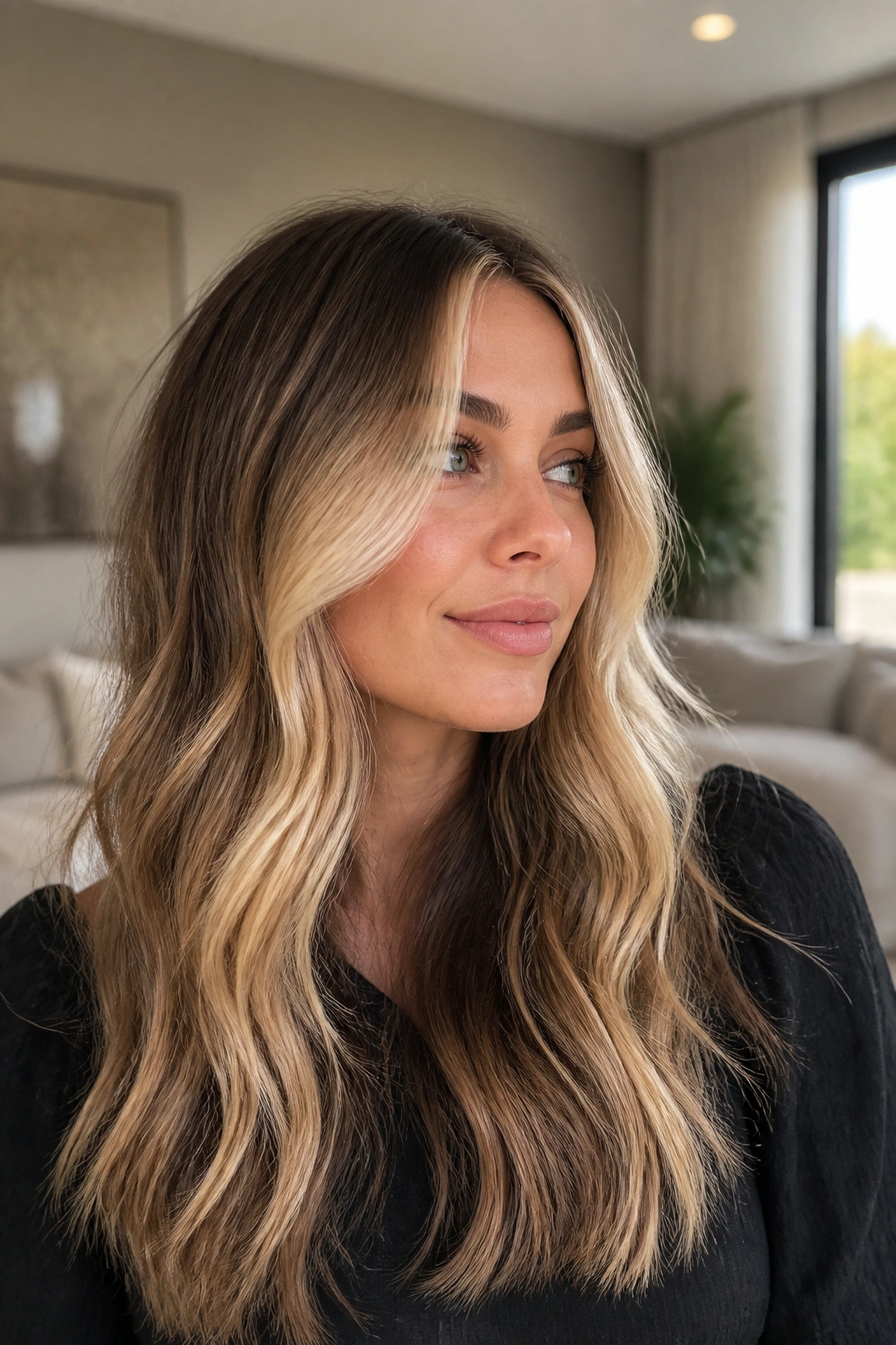 Close-up portrait of a real woman with buttercream balayage hair
