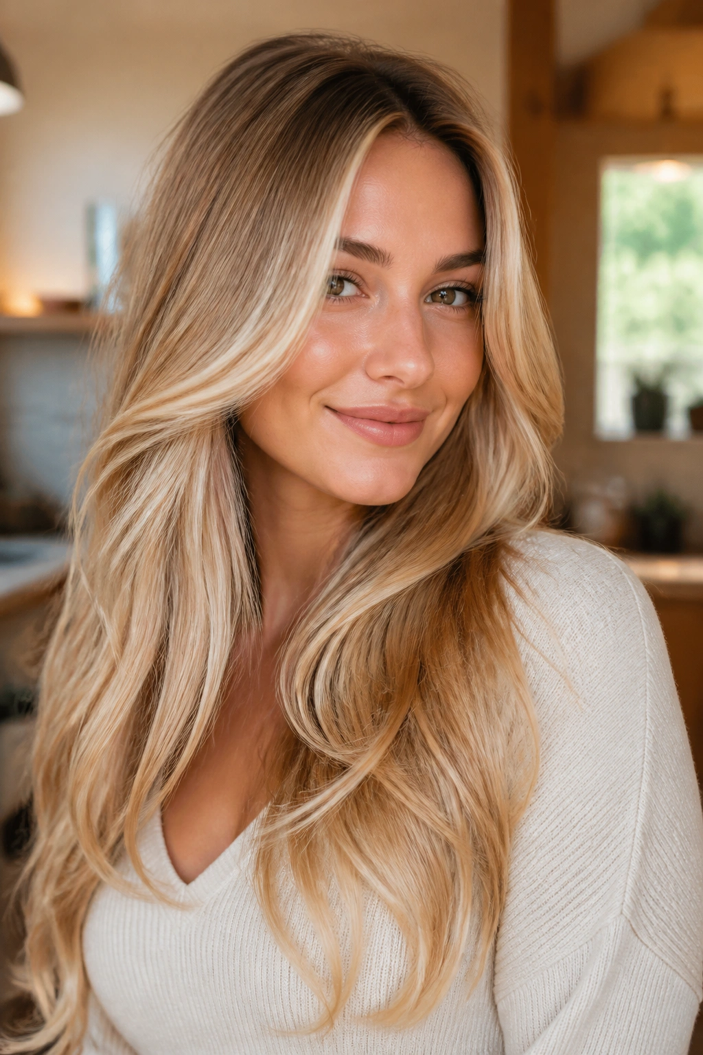 Close-up of buttercream blonde hair on a real person in a warm kitchen