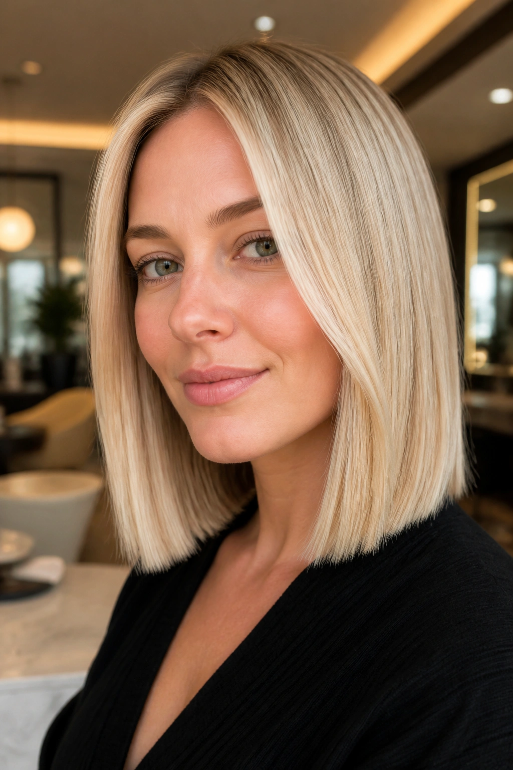 Close-up of a real woman with buttercream blonde blunt cut in warm salon lighting