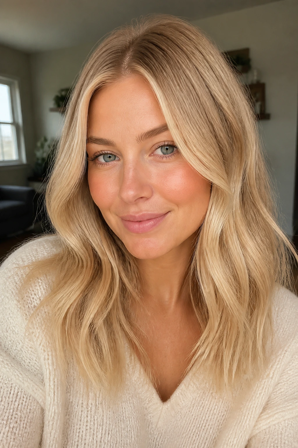 Close-up portrait of a real woman with soft buttercream blonde hair.