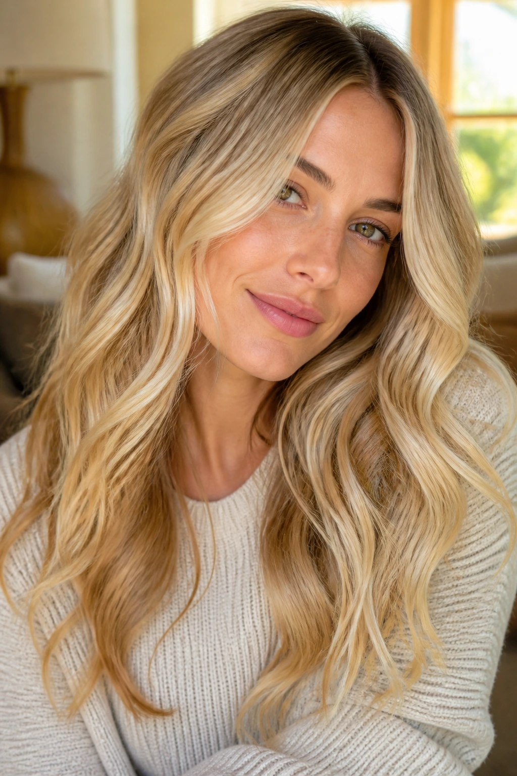 Close-up portrait of a real woman with buttercream blonde hair in warm window light