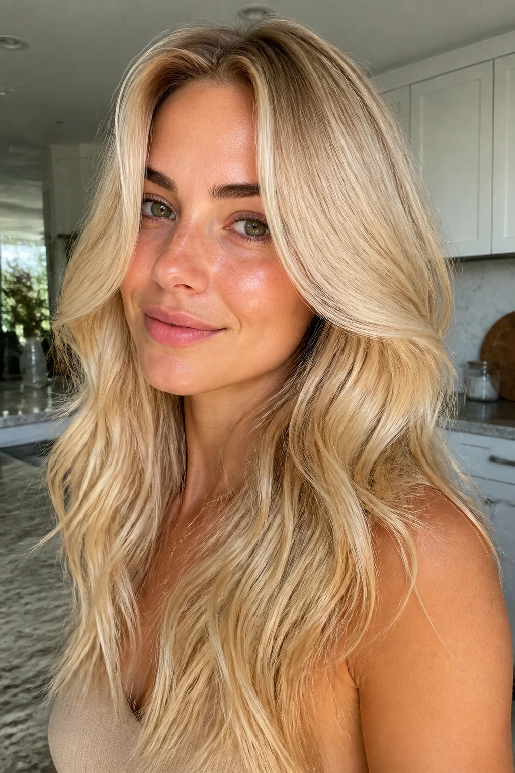 Close-up portrait of a real person with buttercream blonde hair in a bright kitchen