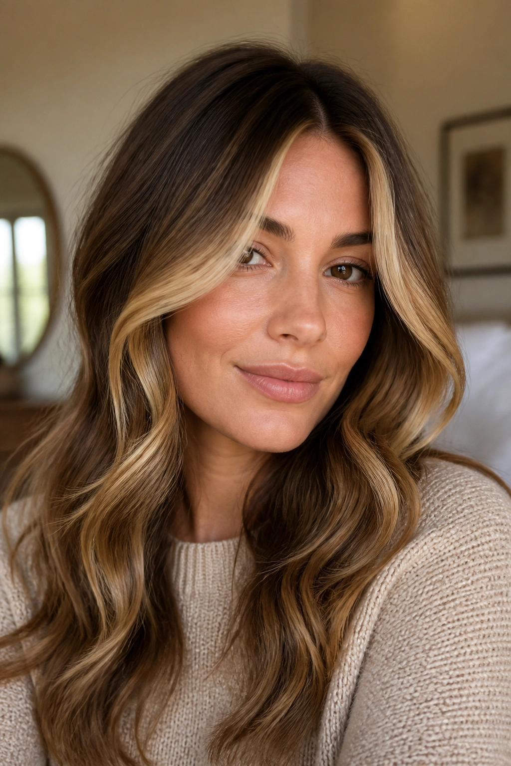 Close-up of a real woman with medium brown hair and buttery blonde highlights framing her face.