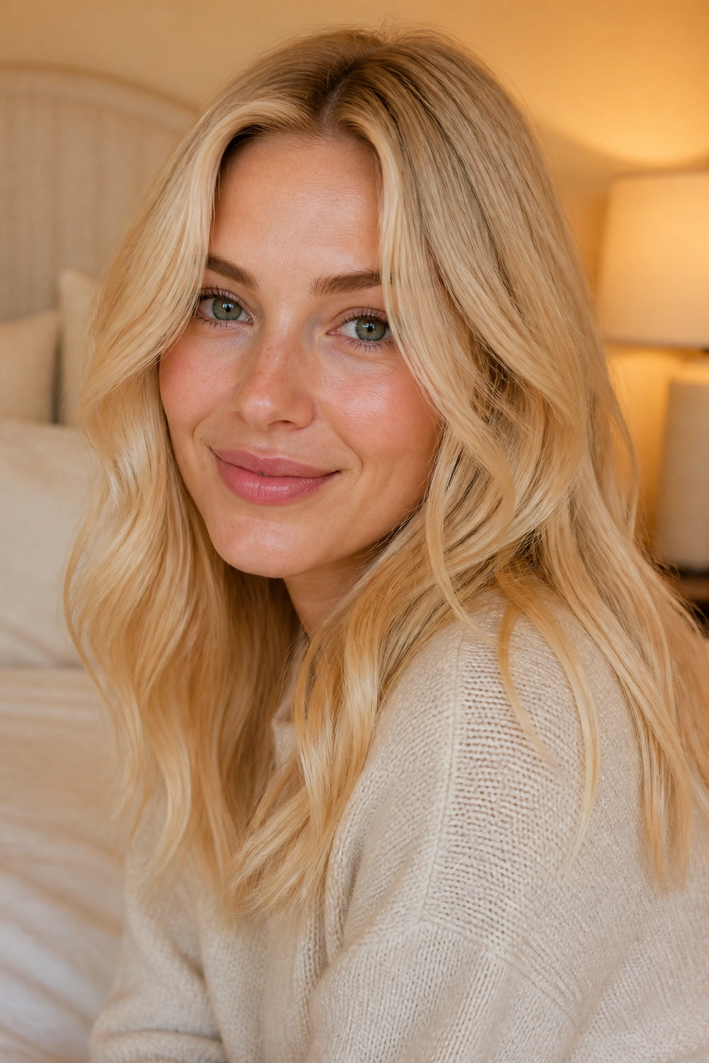 Close-up portrait of a person with Buttercream Blonde hair in warm natural light.