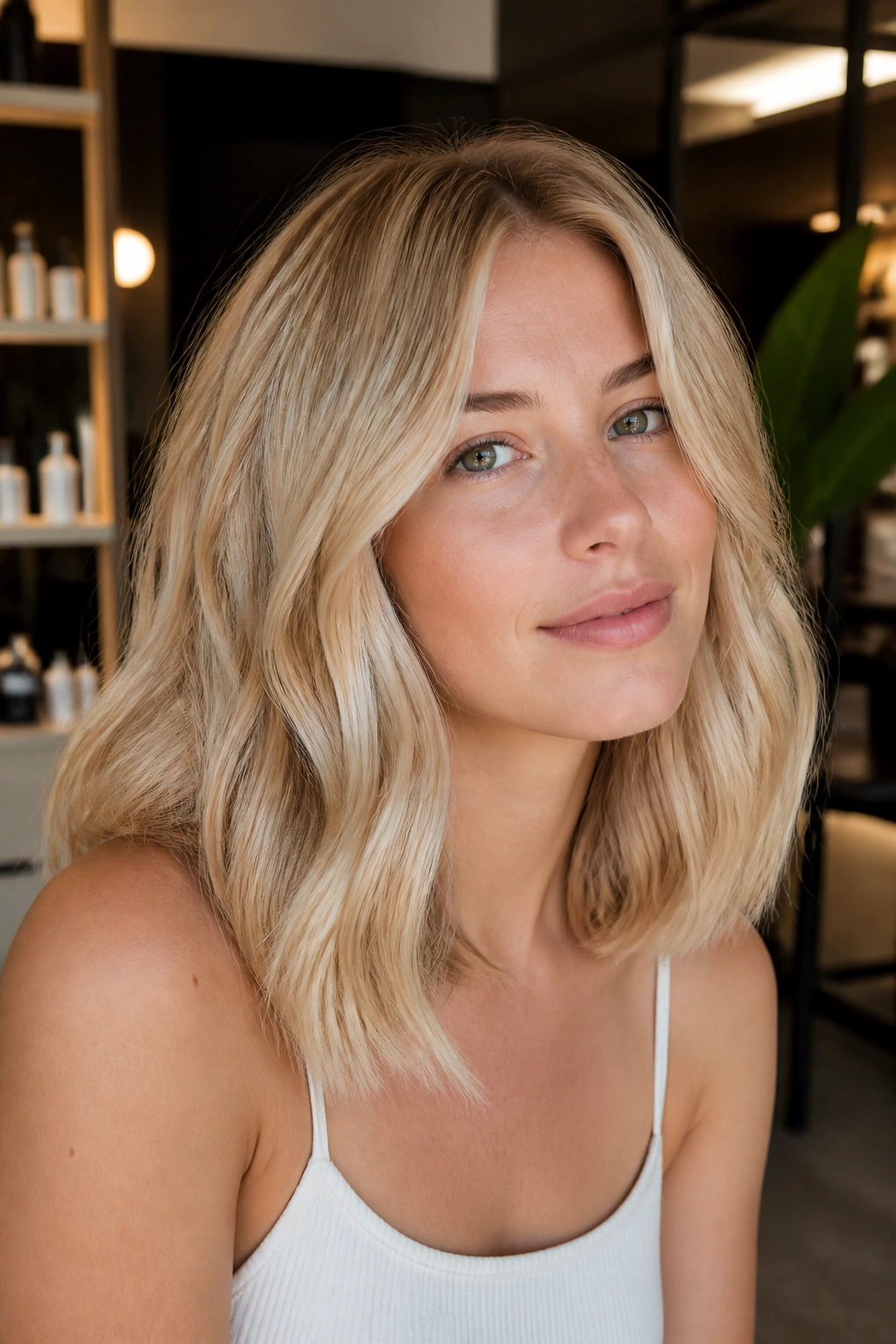 Close-up of a woman with creamy buttercream blonde hair