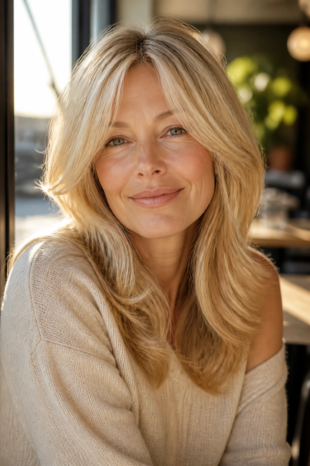 Close-up portrait of a real woman with creamy buttercream blonde in sunlit window light.
