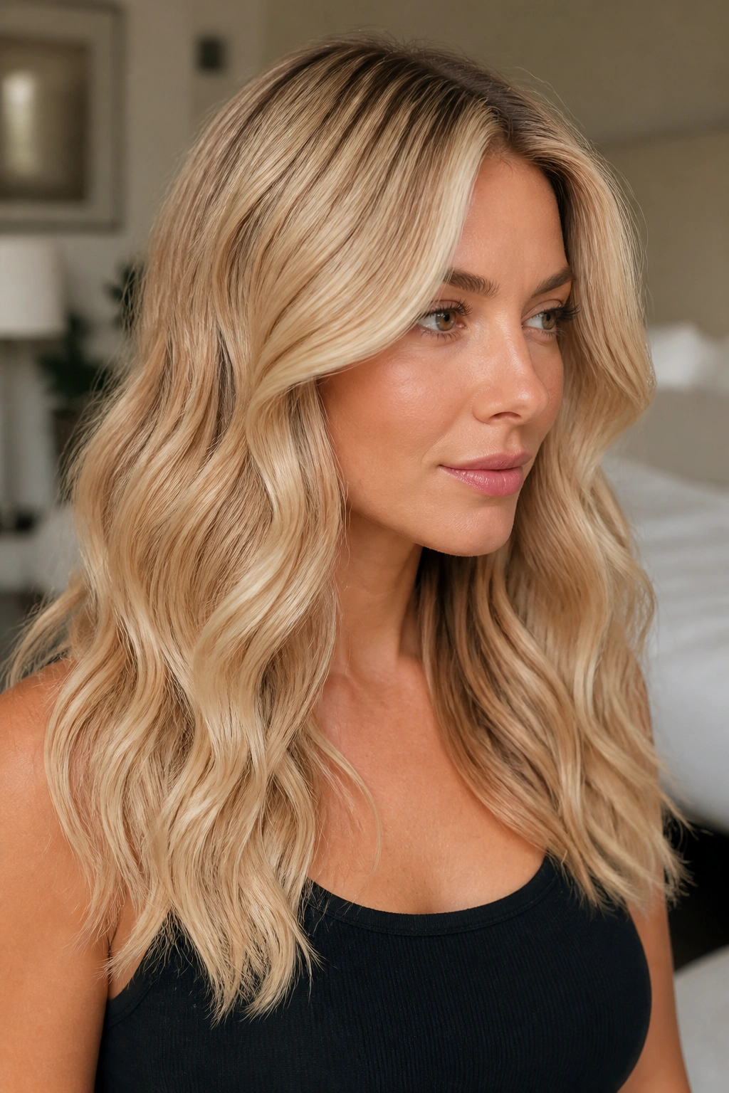 Close-up of a real woman with buttercream blonde hair in loose waves
