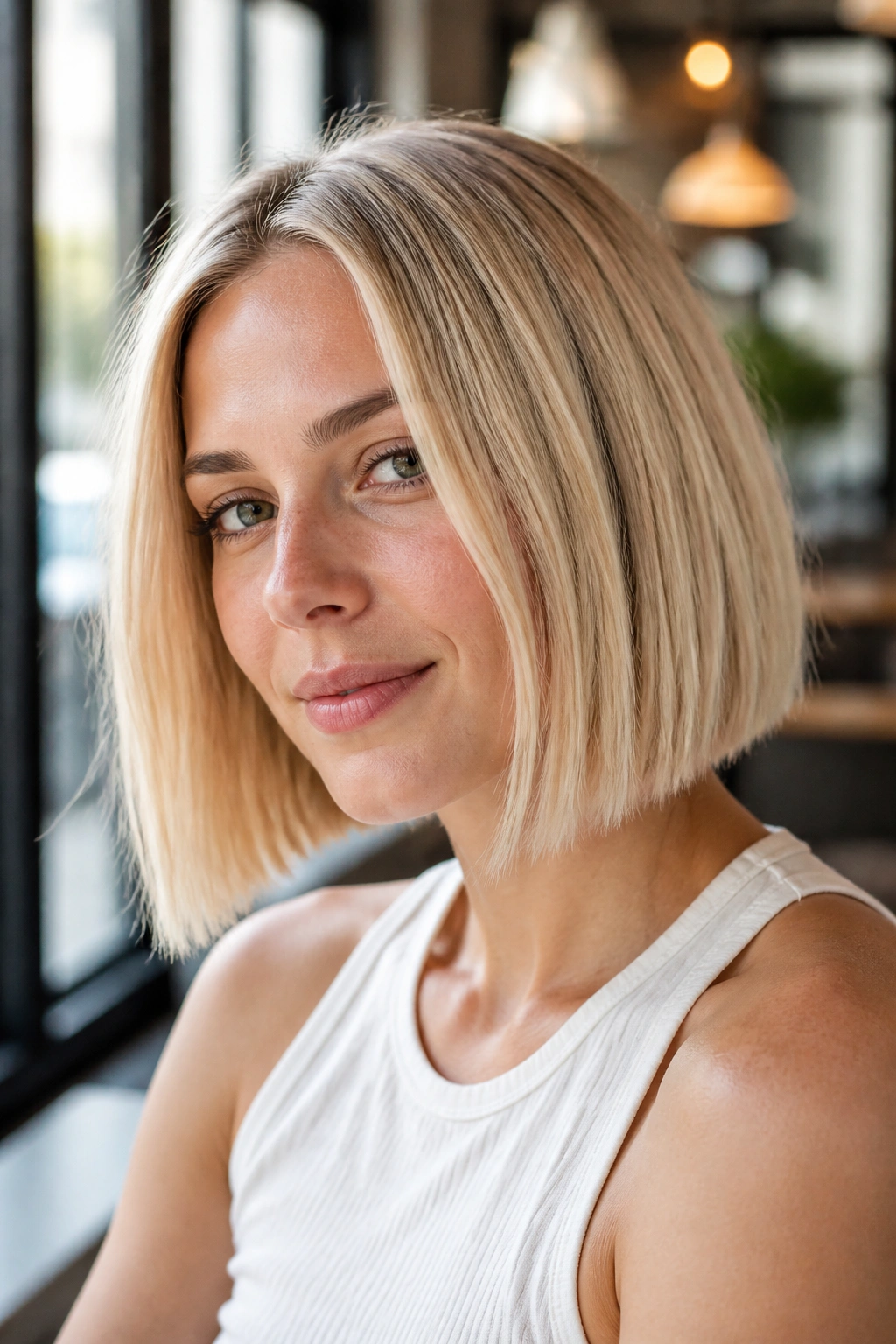 Portrait of woman with buttercream blonde bob hairstyle in warm natural light