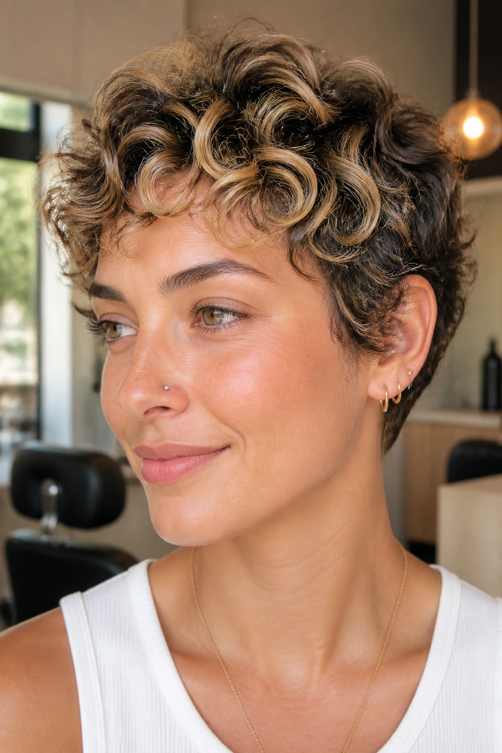 Real person with curly short hair showing gentle buttercream highlights in curls