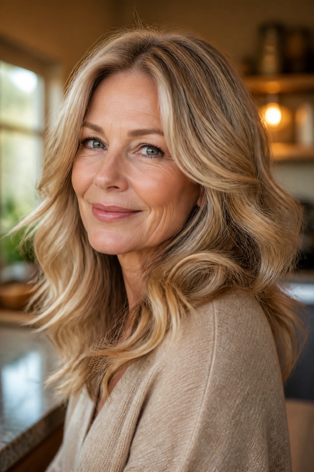 Close-up of a real woman with buttered almond blonde warm tones