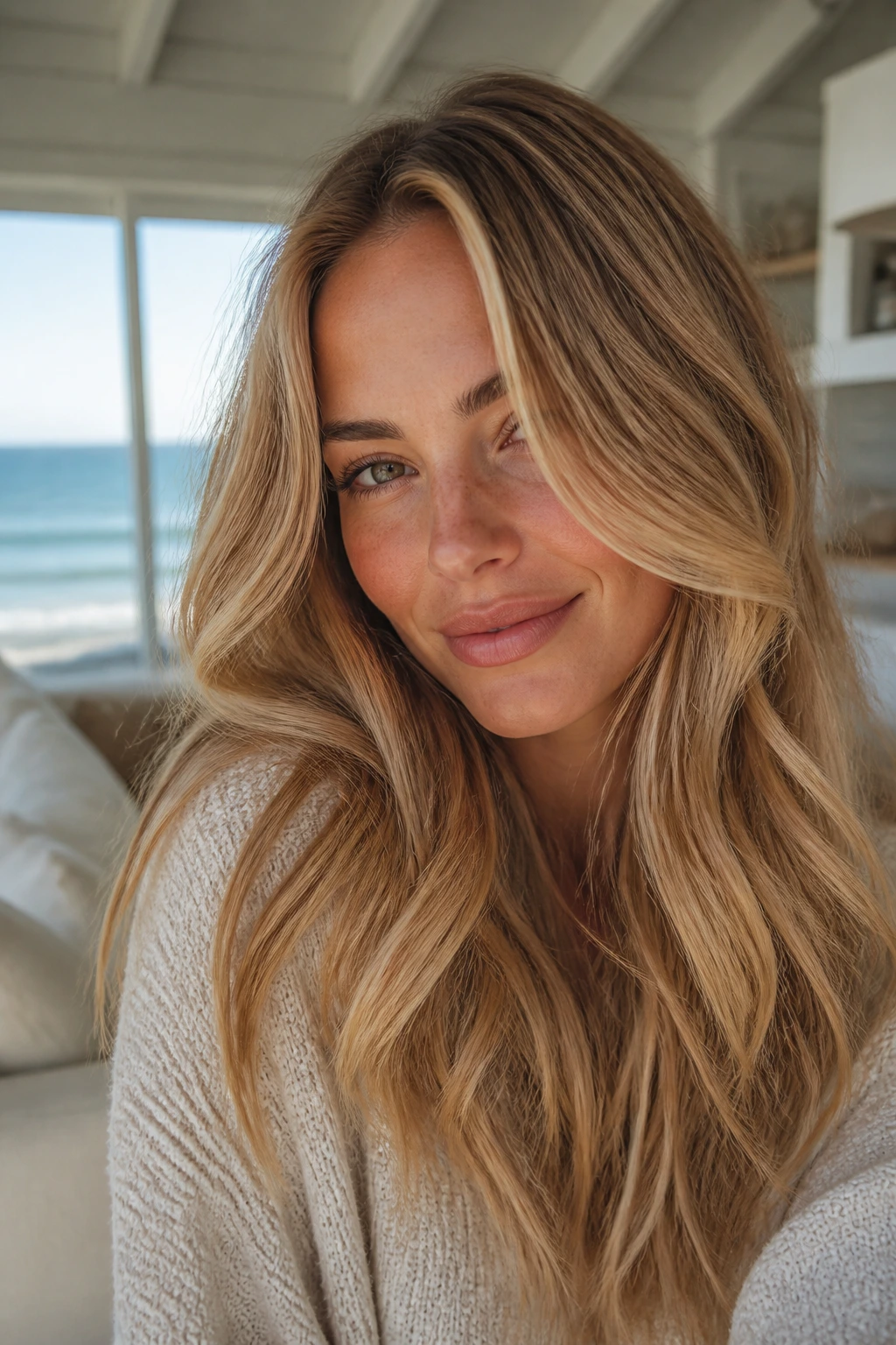 Close-up portrait of a real woman with warm buttered toast blonde hair in natural light
