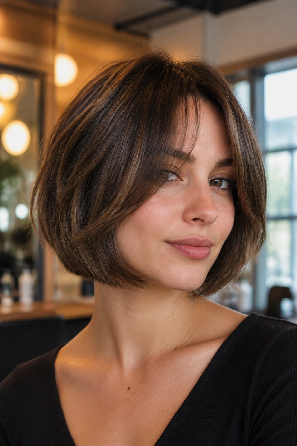 Close-up of a real woman with chin-length butterfly bob and curtain bangs in warm salon light