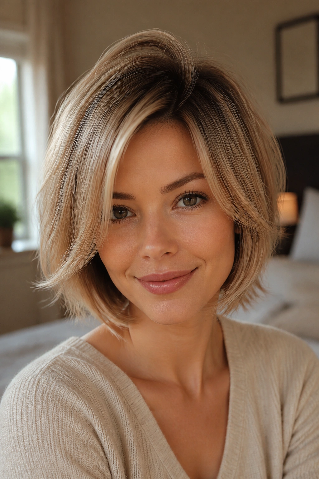 Close-up portrait of a real woman with a butterfly bob showing root lift for fine hair