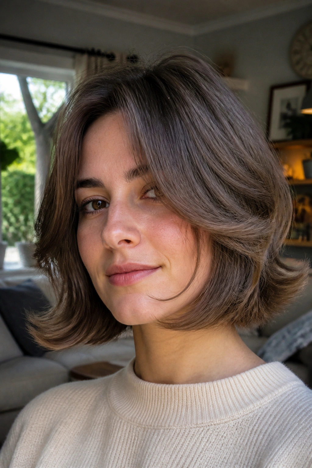 Close-up portrait of a real woman with butterfly bob ends flipped outward