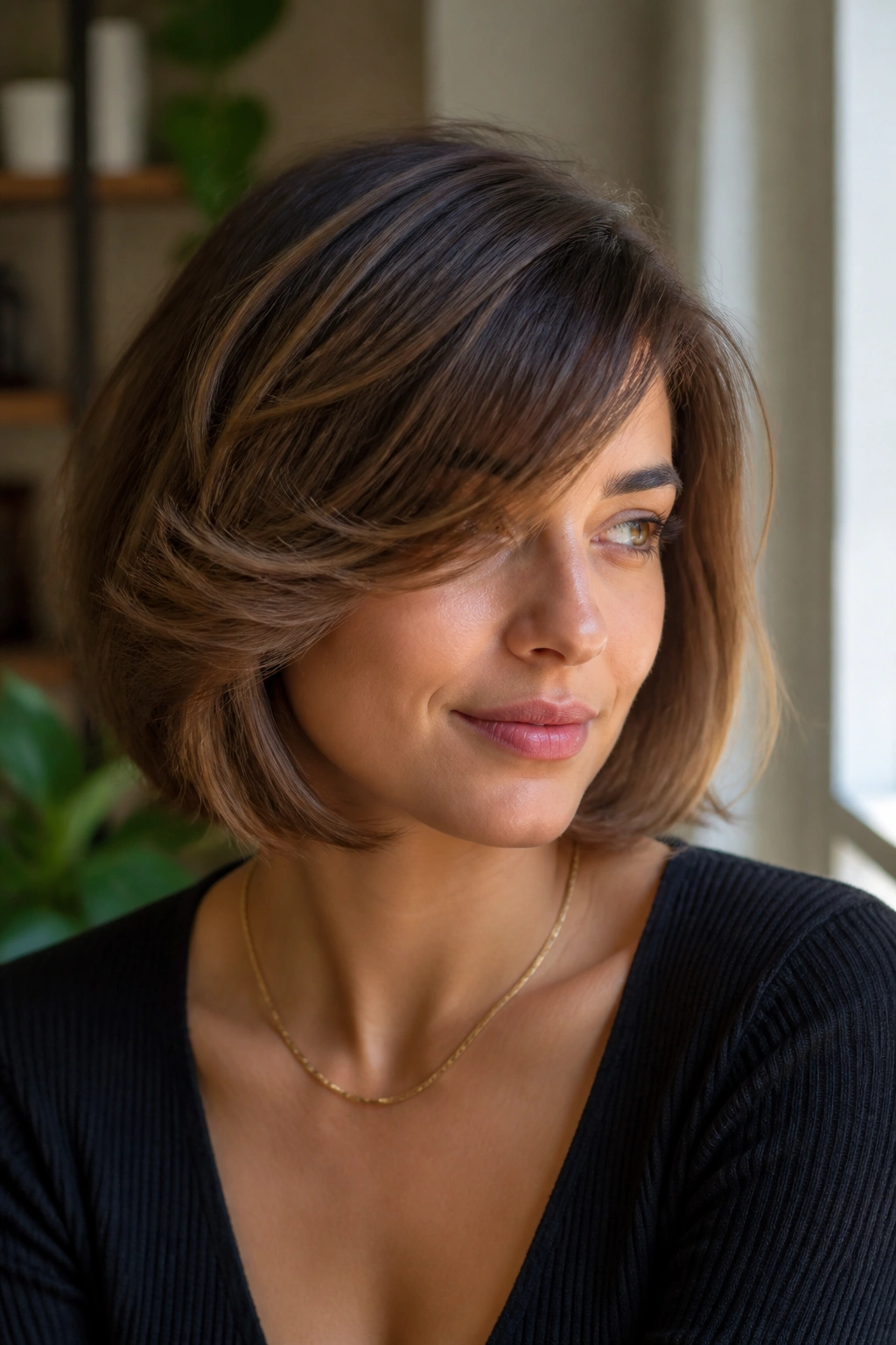 Portrait of a real woman with butterfly bob and a soft side-swept fringe.