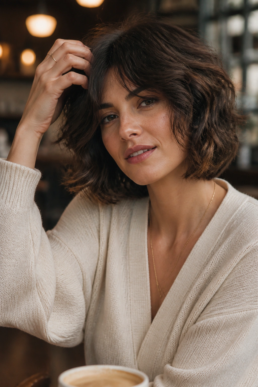 Real woman with French-girl butterfly bob and soft curls in cafe light