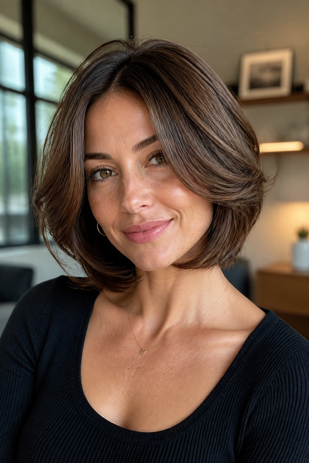 Close-up portrait of a real woman with a debulked butterfly bob for thick hair