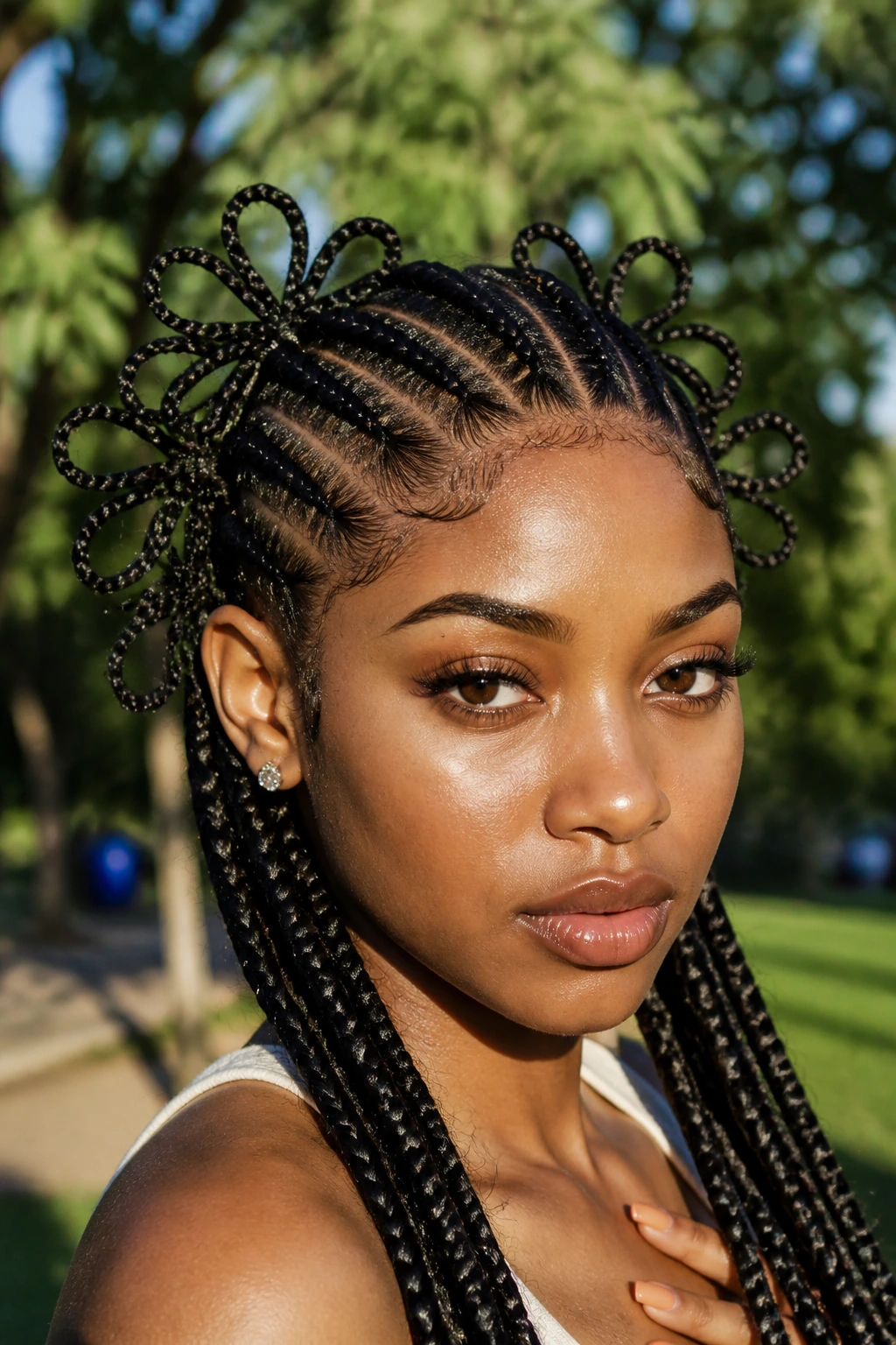 Close-up of a real woman with butterfly braid loops in an outdoor setting