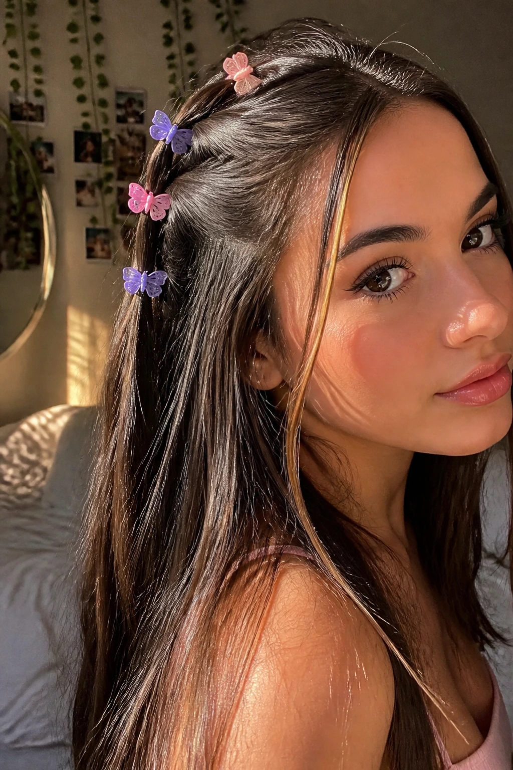Close-up of a real woman with butterfly clip waterfall hairstyle along a half-up section