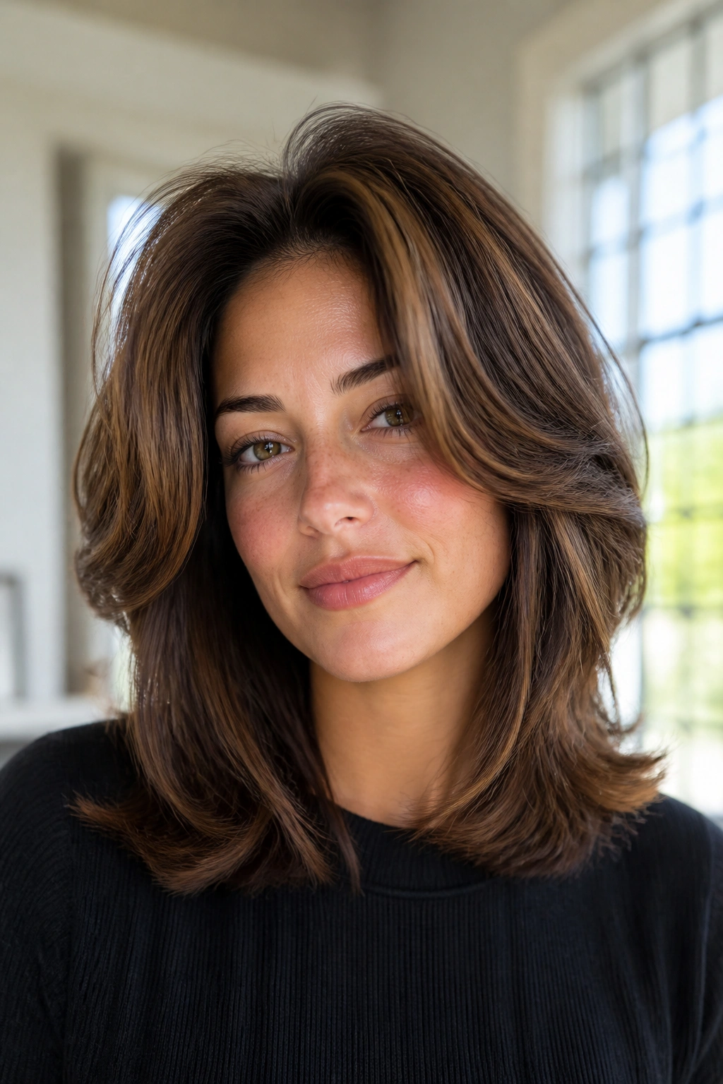 Close-up of real woman with butterfly layers lifting crown in shoulder-length hairstyle