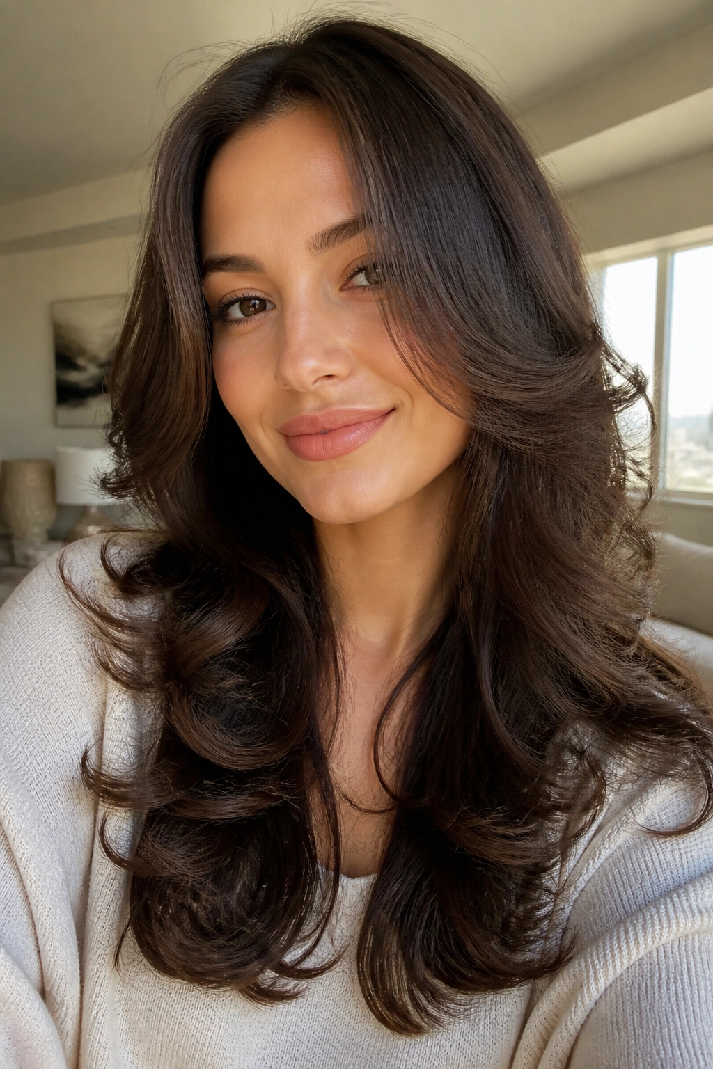 Close-up of a real woman with butterfly layer curls framing her face in a warm living room