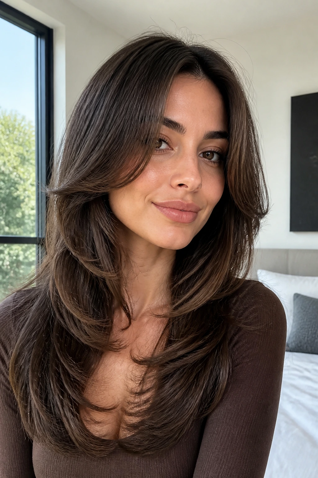 Portrait of woman with butterfly cut and airy face layers.