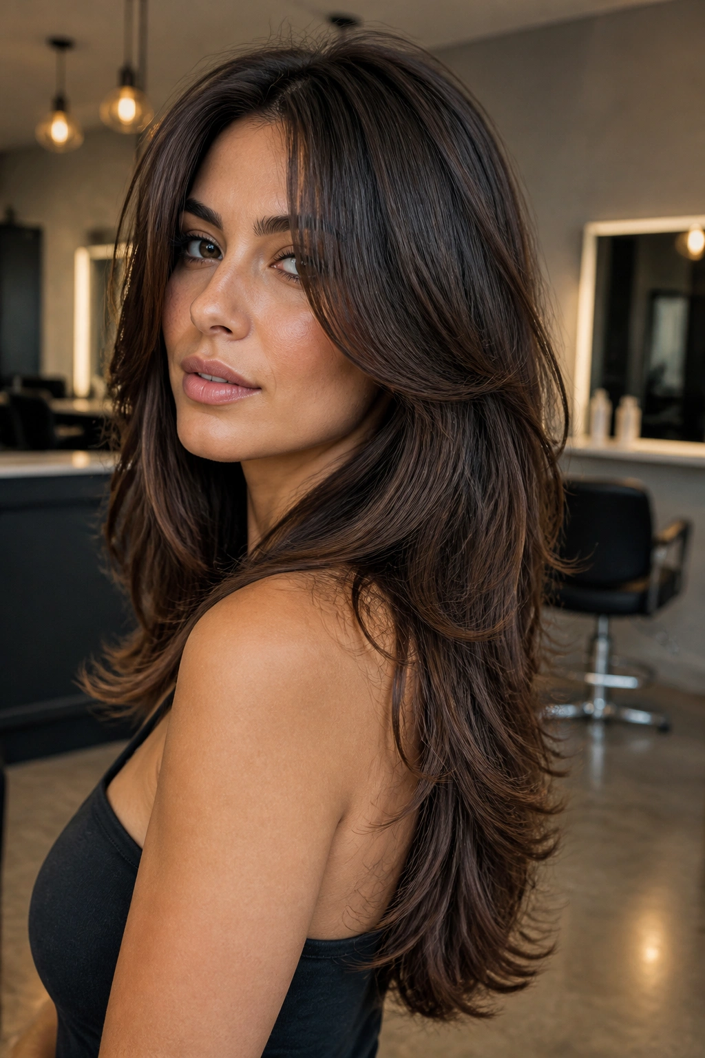 Portrait of a real woman with butterfly cut showing short front layers and long back length