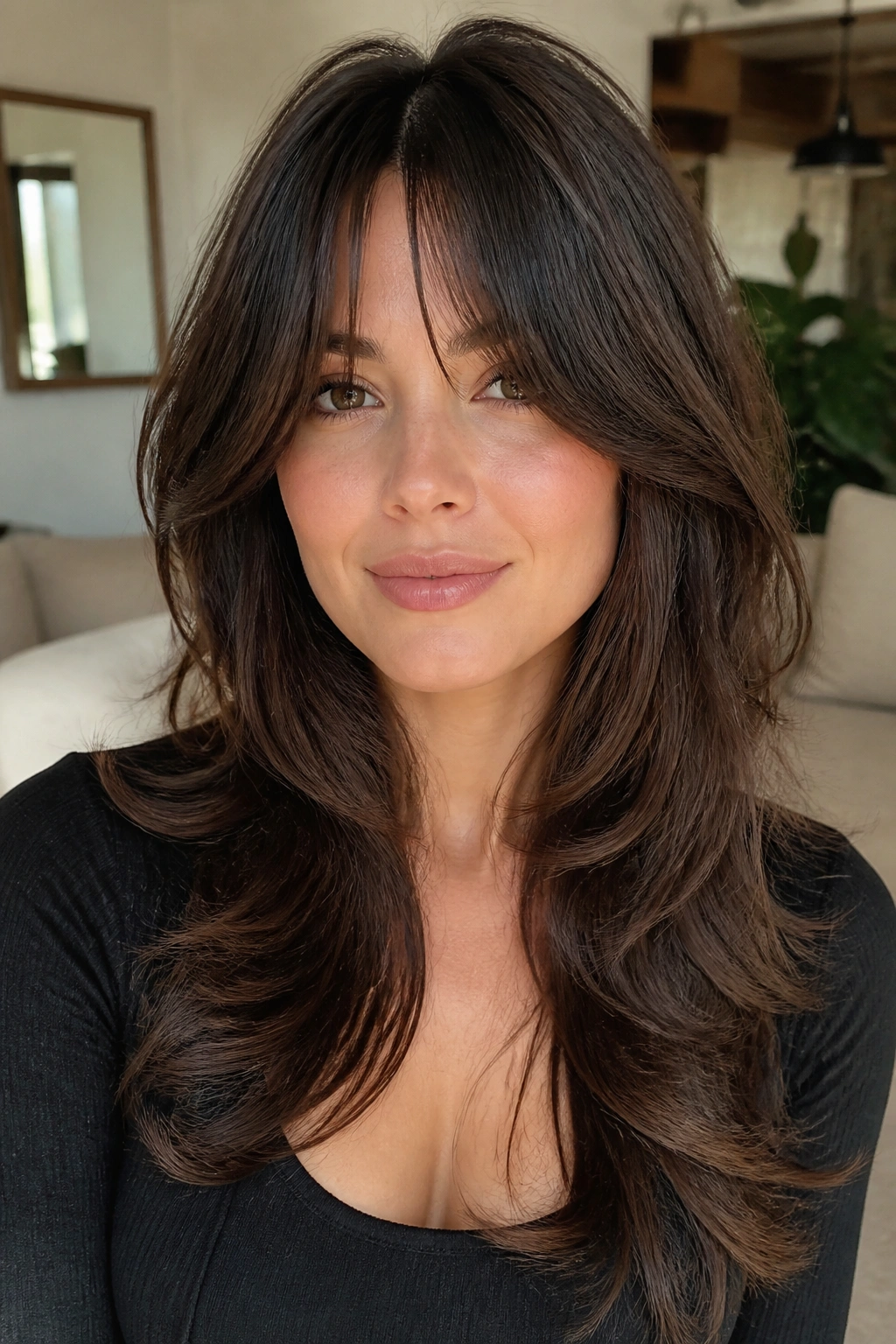 Close-up of a woman with butterfly cut and bottleneck bangs in natural light