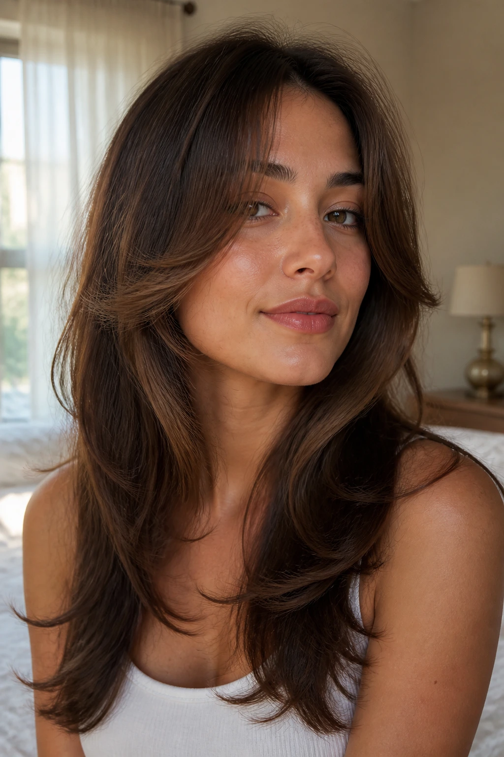 Close-up portrait of a real woman with a butterfly cut featuring cheekbone-length front layers and longer back length