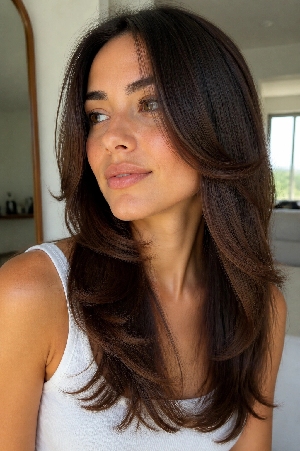 Close-up of real woman with butterfly cut and cheekbone pieces.