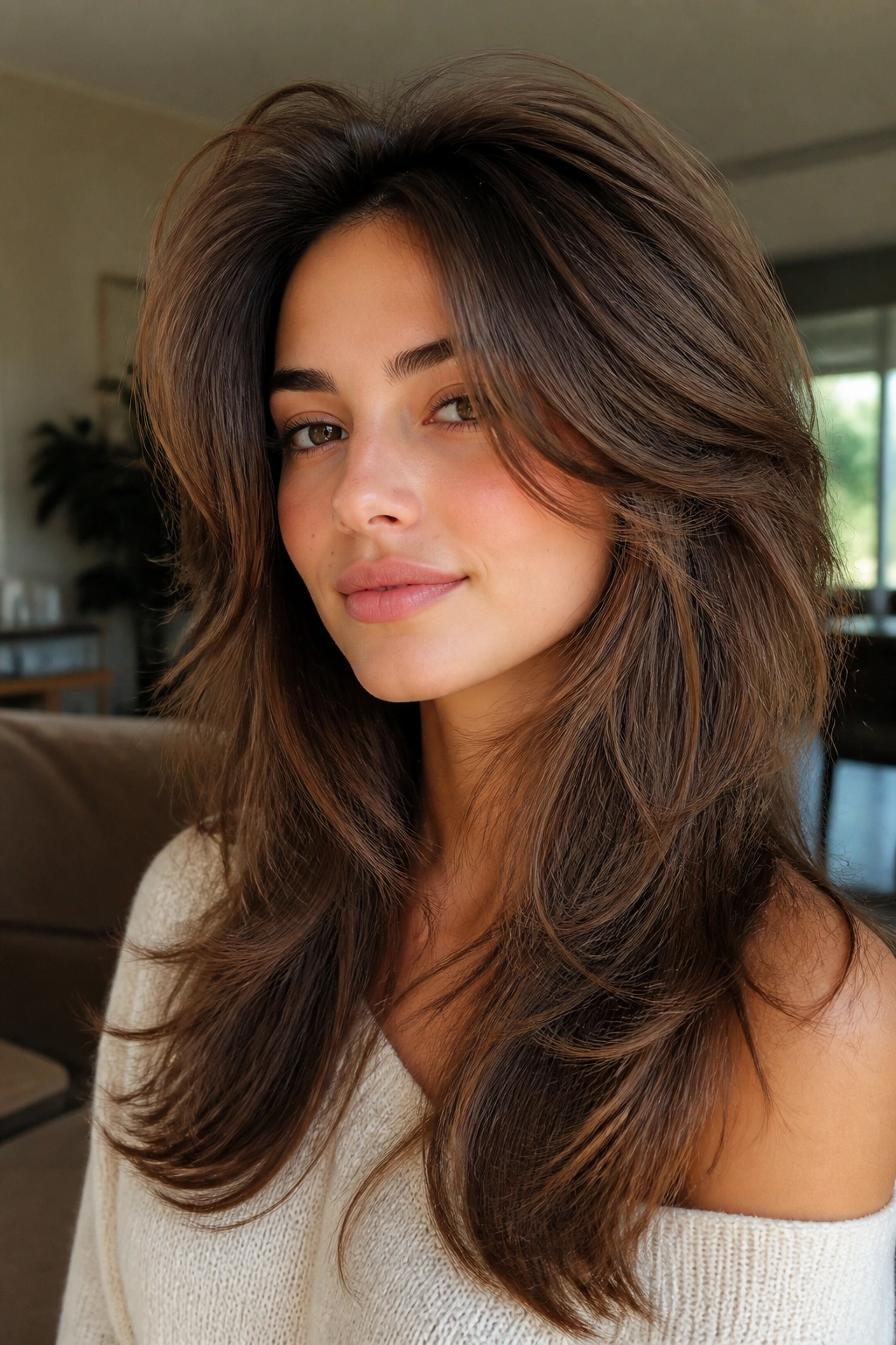 Portrait of a real person with butterfly cut crown volume and long layers.