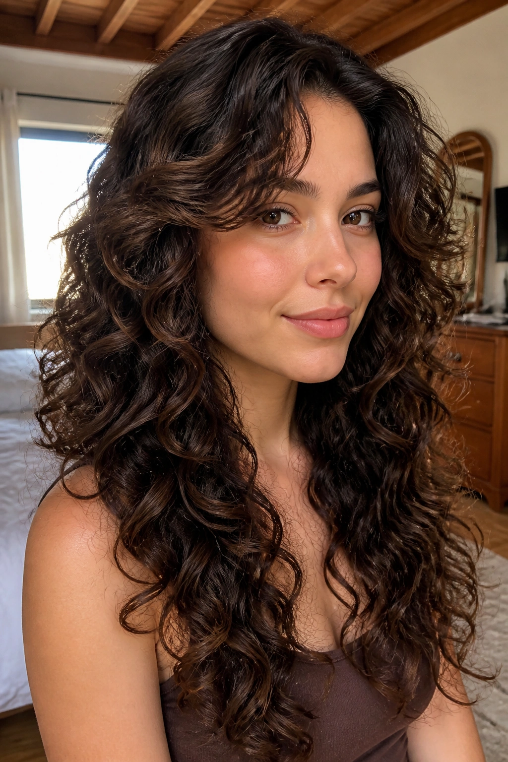 Close-up portrait of a real woman showing the butterfly cut with lifted curls and layered front