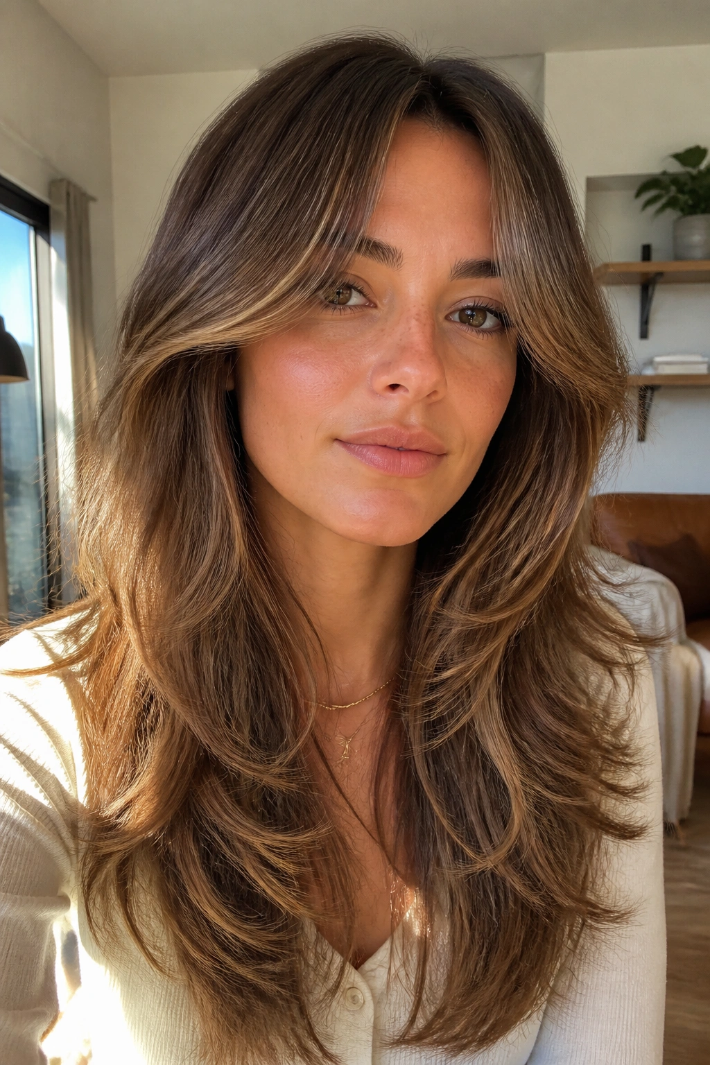 Close-up of a real person with butterfly cut curtain bangs and layered front framing