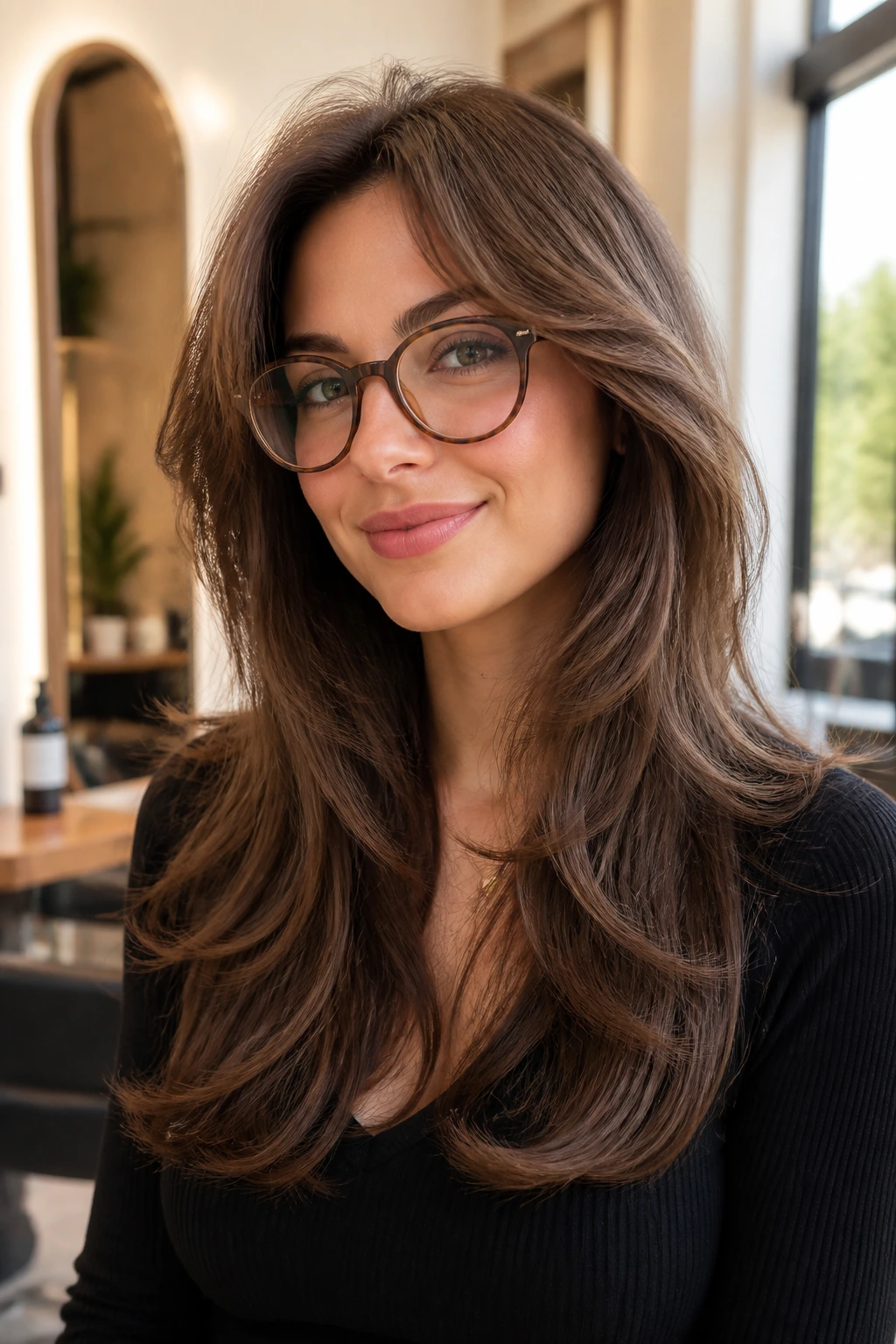 Portrait of a person with butterfly cut lifting hair away from glasses in a sunlit salon.