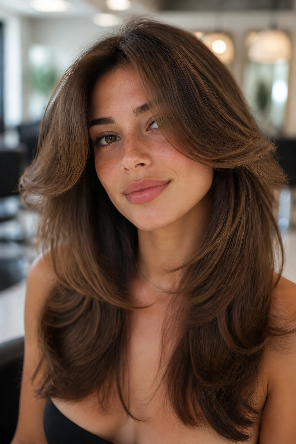 Portrait of a woman with butterfly cut featuring cheekbone-length front layers and longer back