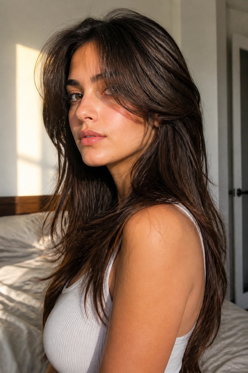 Close-up portrait of a real woman with butterfly cut hair and voluminous crown layers