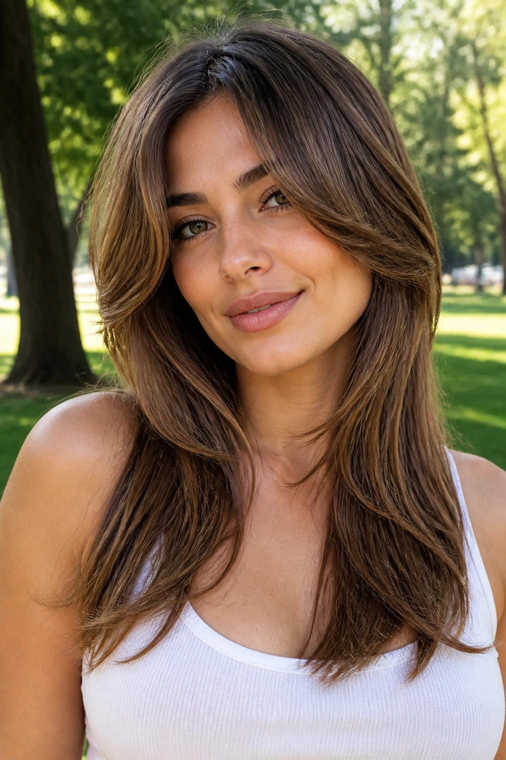 Close-up of a woman with a butterfly cut in a park