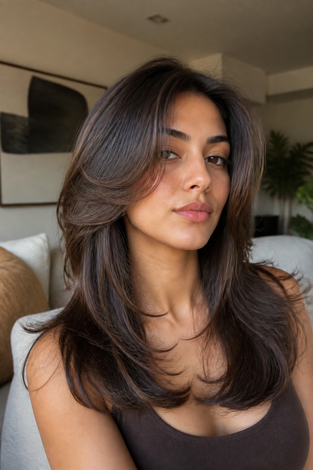 Real woman with butterfly cut showing shorter front layers and longer back