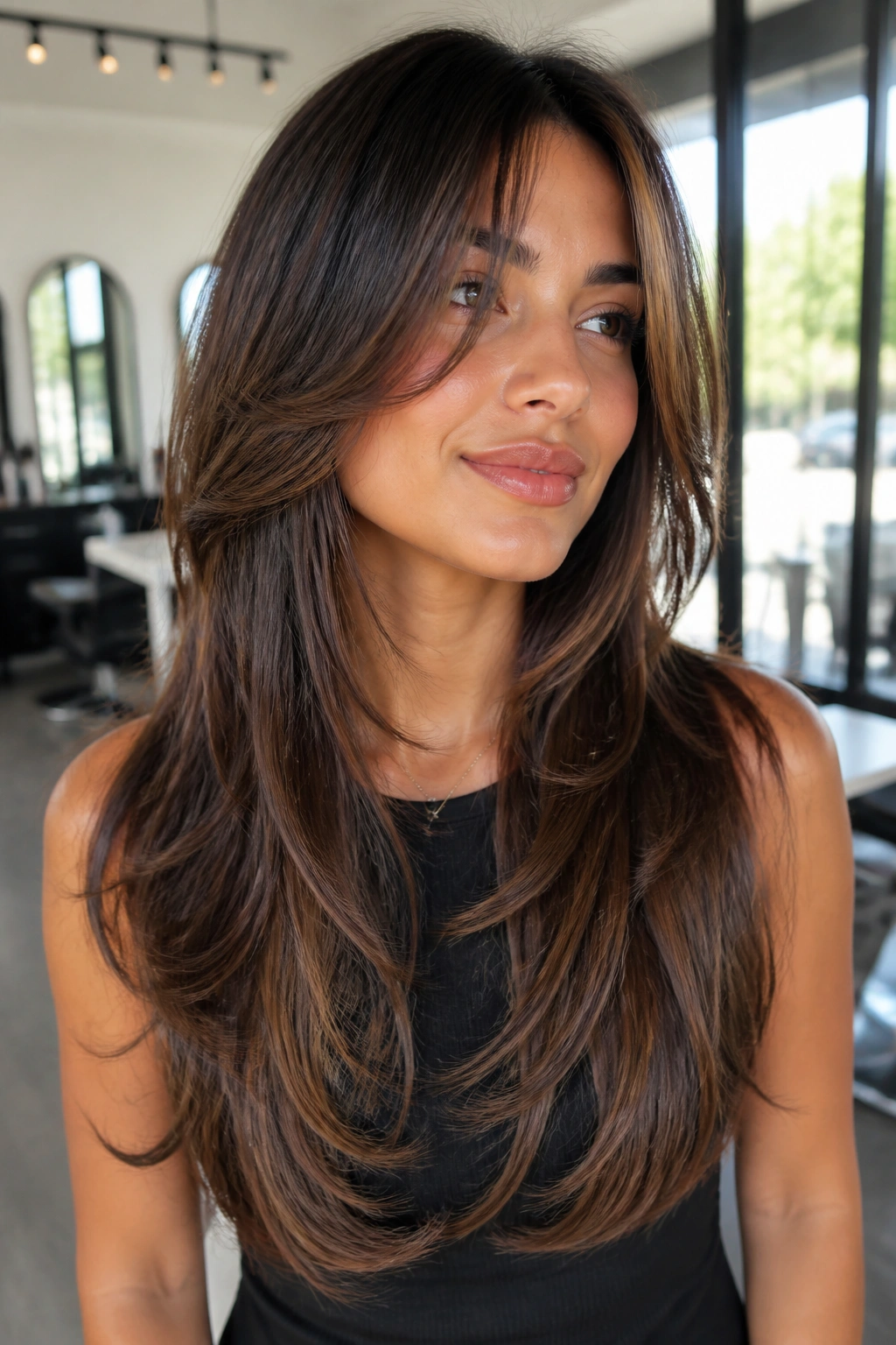 Portrait of a real woman with butterfly cut featuring lifted front layers and long bottom layers