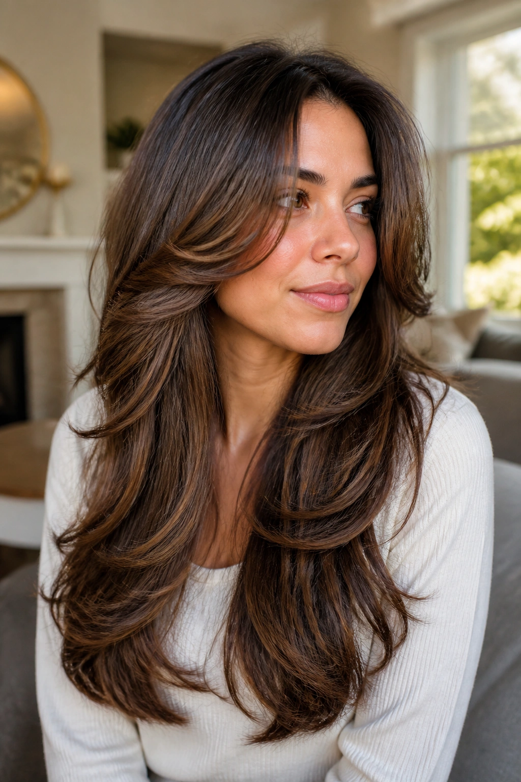 Real woman with butterfly cut showing face-framing pieces atop longer layers