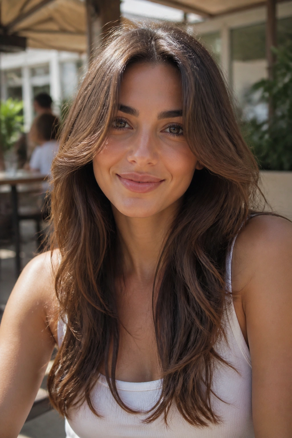 Front-facing portrait of real woman with butterfly cut face-framing layers