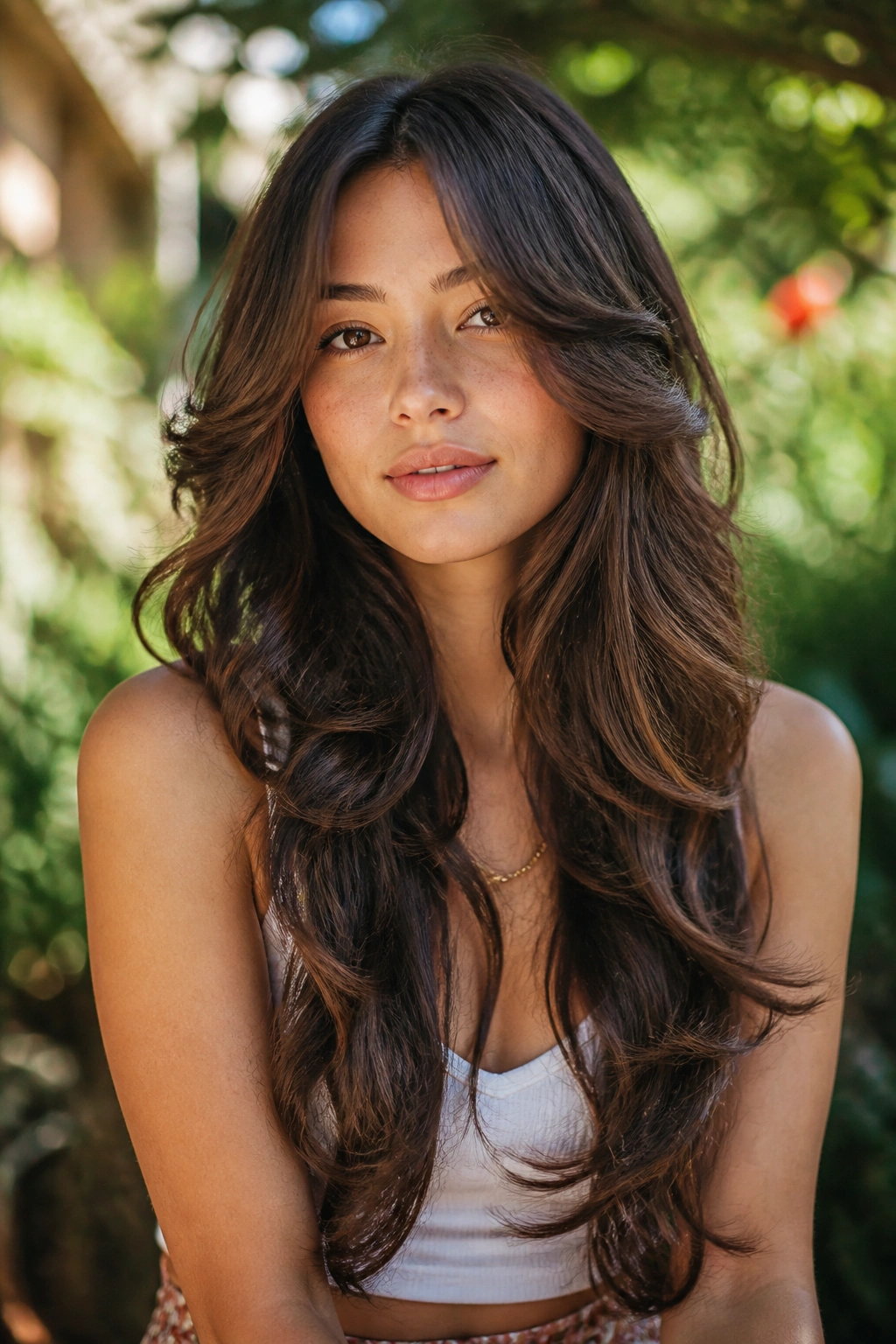 Close-up portrait of a real woman with butterfly cut on long wavy hair