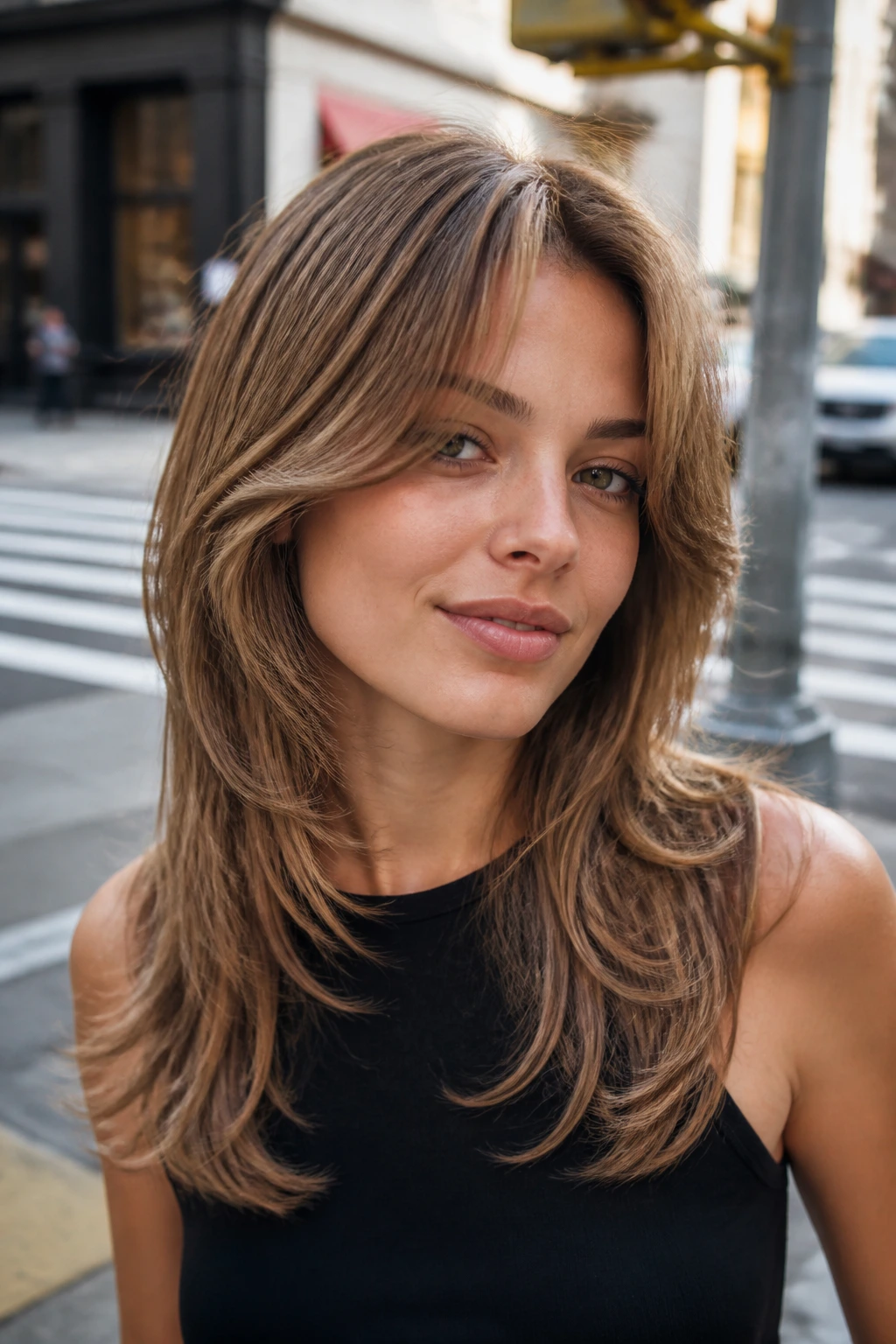 Close-up portrait of a woman with the butterfly cut on medium length hair.