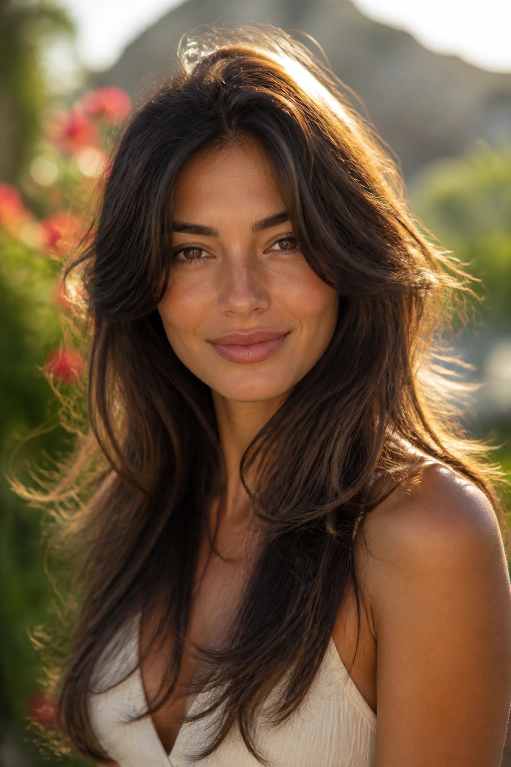 Close-up of a real woman with a butterfly cut showing crown lift outdoors
